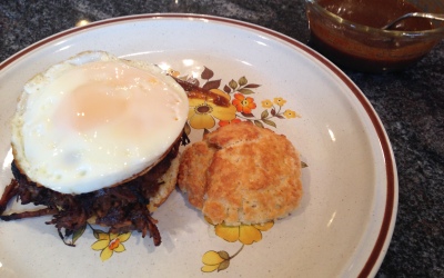 Open Faced Breakfast Brisket Buttermilk Biscuit Sandwich